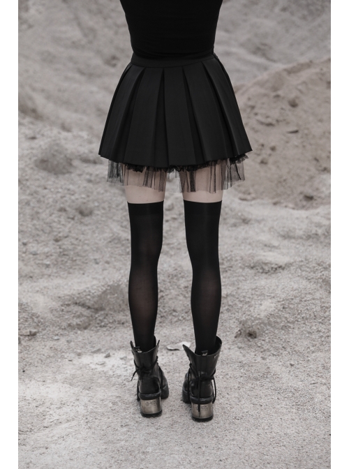 Steam Punk Female Black PU Leather Buckle Irregular Hem Pleated Skirt