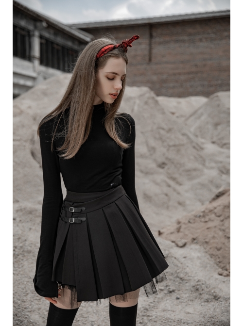 Steam Punk Female Black PU Leather Buckle Irregular Hem Pleated Skirt