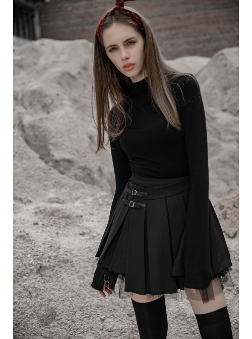 Steam Punk Female Black PU Leather Buckle Irregular Hem Pleated Skirt