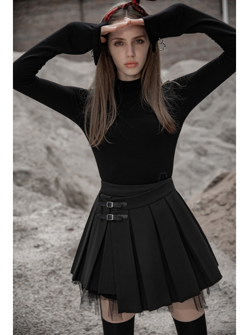 Steam Punk Female Black PU Leather Buckle Irregular Hem Pleated Skirt