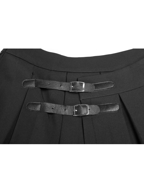 Steam Punk Female Black PU Leather Buckle Irregular Hem Pleated Skirt