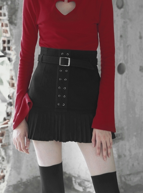 Steam Punk Female Black Metal Buckle Stitching Pleated Skirt