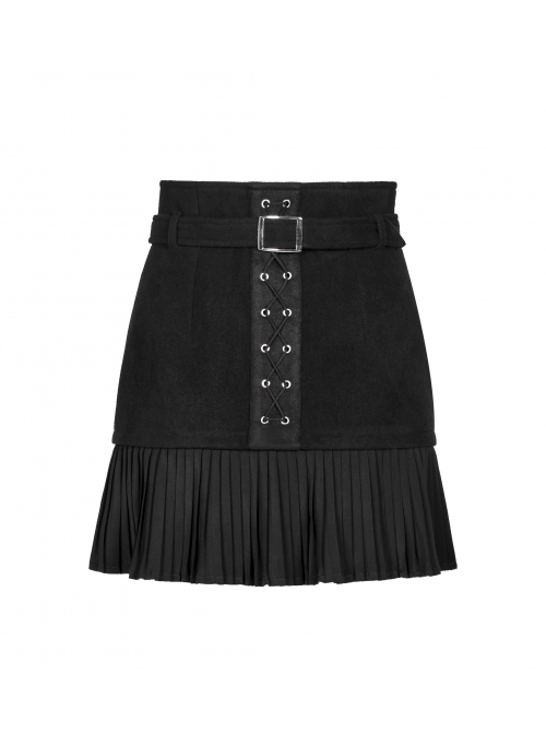 Steam Punk Female Black Metal Buckle Stitching Pleated Skirt
