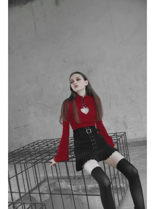 Steam Punk Female Black Metal Buckle Stitching Pleated Skirt