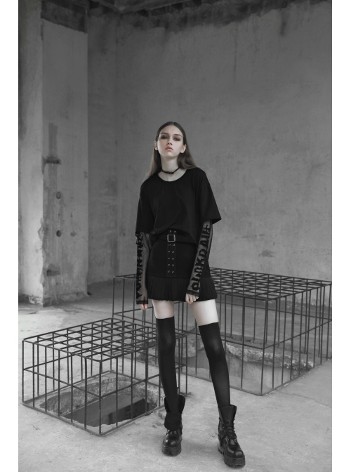Steam Punk Female Black Metal Buckle Stitching Pleated Skirt