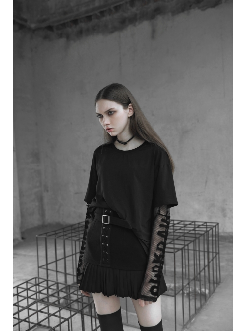 Steam Punk Female Black Metal Buckle Stitching Pleated Skirt