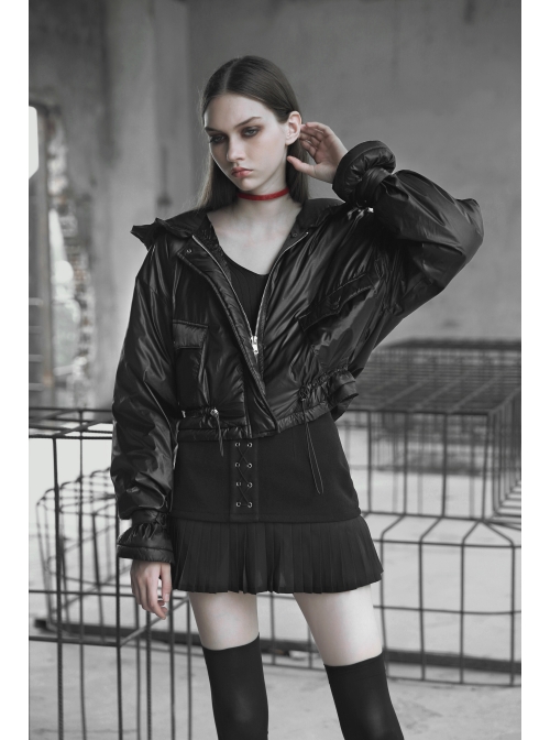 Steam Punk Female Black Metal Buckle Stitching Pleated Skirt