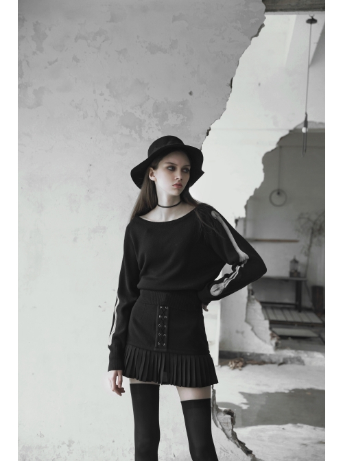 Steam Punk Female Black Metal Buckle Stitching Pleated Skirt