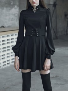 Gothic Female Dark Metal Buckle High Collar Binding Dress