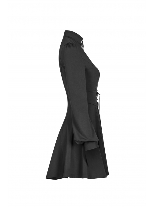 Gothic Female Dark Metal Buckle High Collar Binding Dress