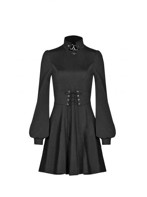 Gothic Female Dark Metal Buckle High Collar Binding Dress