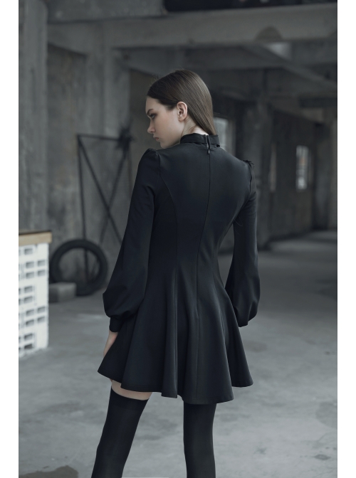 Gothic Female Dark Metal Buckle High Collar Binding Dress