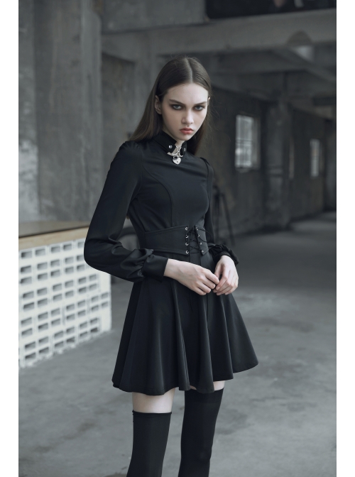 Gothic Female Dark Metal Buckle High Collar Binding Dress