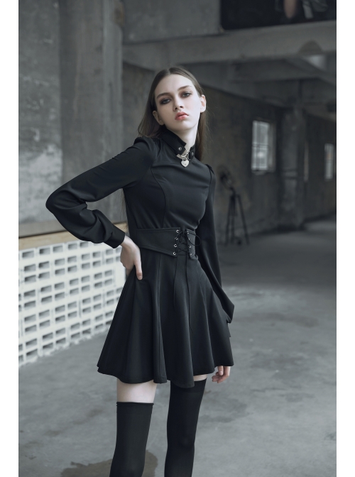 Gothic Female Dark Metal Buckle High Collar Binding Dress