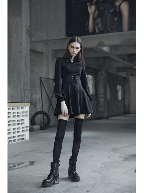 Gothic Female Dark Metal Buckle High Collar Binding Dress