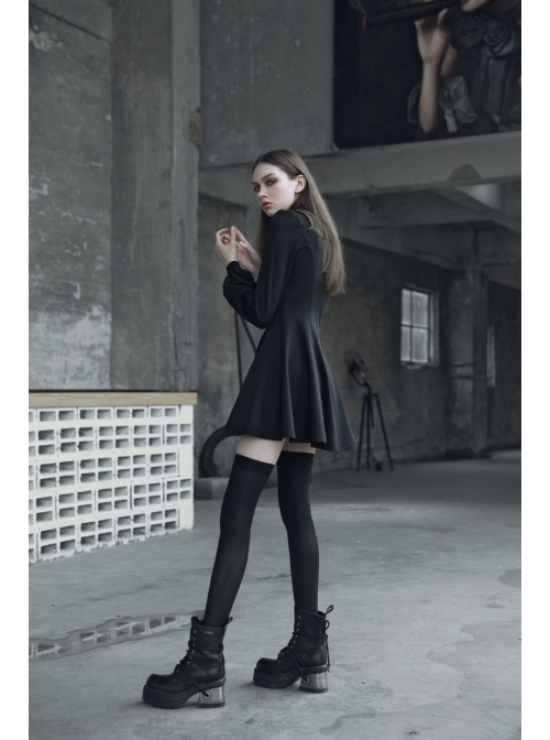 Gothic Female Dark Metal Buckle High Collar Binding Dress