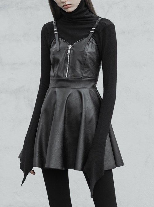 Steam Punk Female Black PU Leather Strap High Waist Dress