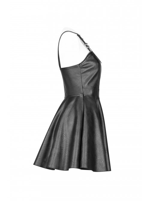 Steam Punk Female Black PU Leather Strap High Waist Dress
