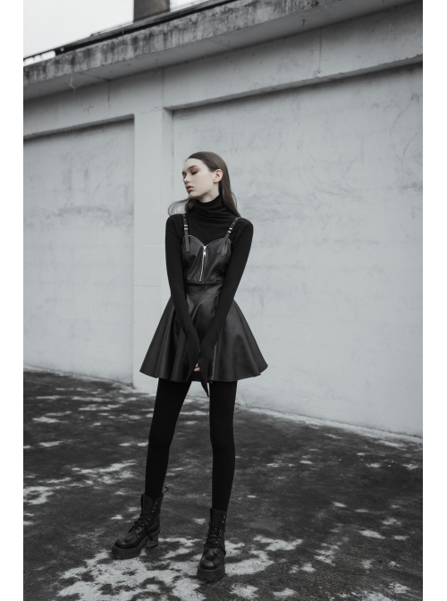Steam Punk Female Black PU Leather Strap High Waist Dress