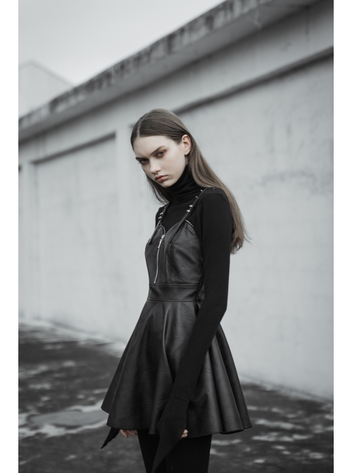 Steam Punk Female Black PU Leather Strap High Waist Dress