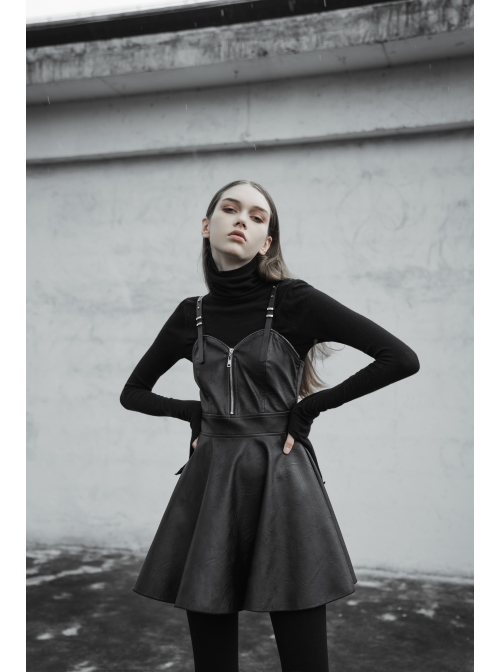 Steam Punk Female Black PU Leather Strap High Waist Dress