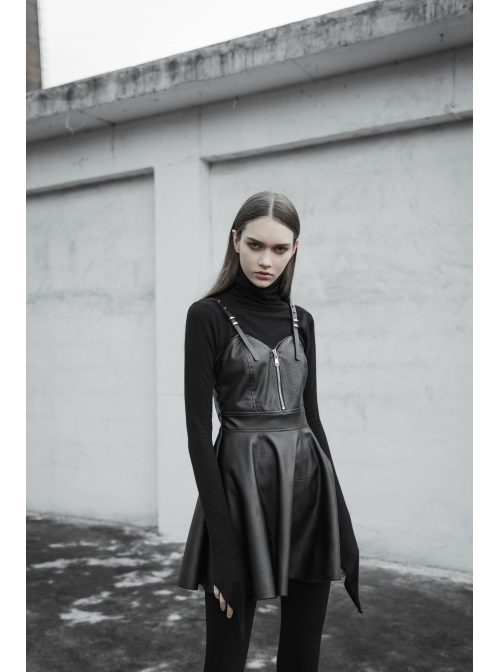 Steam Punk Female Black PU Leather Strap High Waist Dress