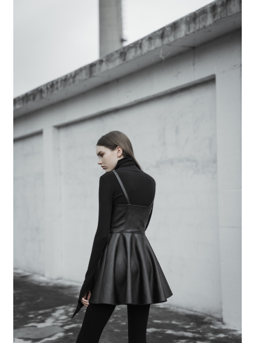 Steam Punk Female Black PU Leather Strap High Waist Dress