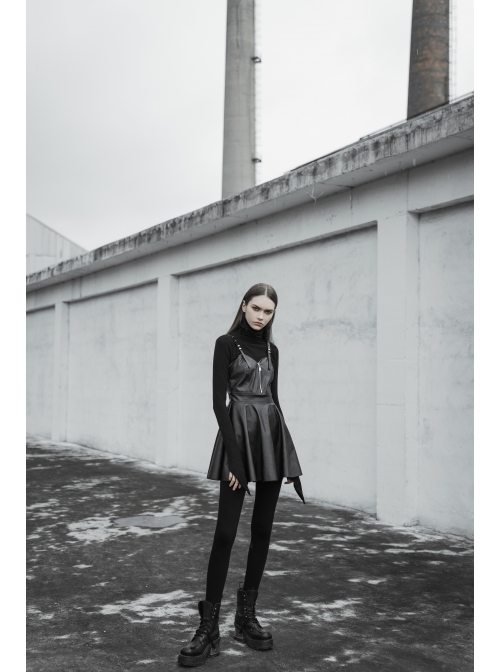 Steam Punk Female Black PU Leather Strap High Waist Dress