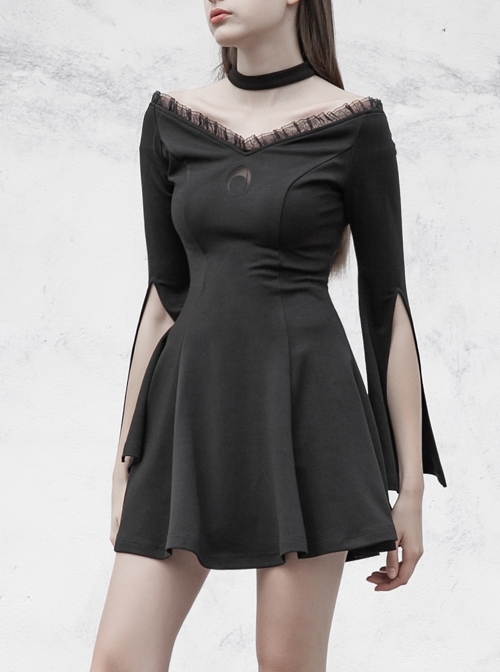Gothic Female Dark Lunar Hollow V-neck High Waist Dress