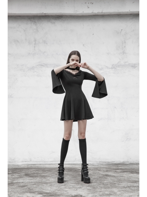 Gothic Female Dark Lunar Hollow V-neck High Waist Dress