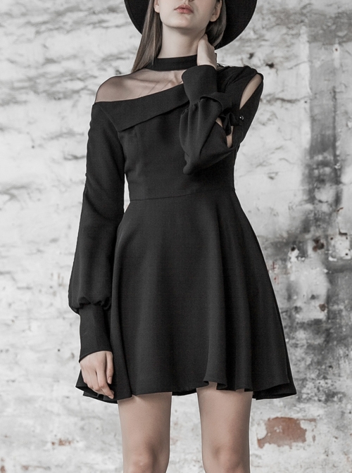 Steam Punk Female Black Mesh Stitching High Waist Pleated Dress