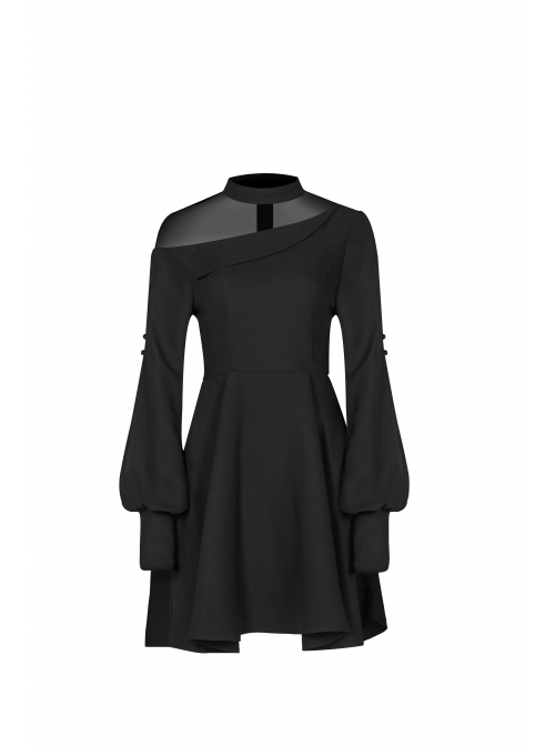 Steam Punk Female Black Mesh Stitching High Waist Pleated Dress