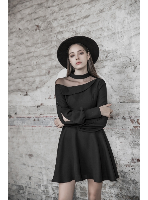 Steam Punk Female Black Mesh Stitching High Waist Pleated Dress