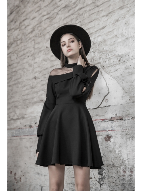Steam Punk Female Black Mesh Stitching High Waist Pleated Dress
