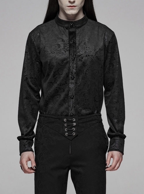 Stand-Up Collar Front Gemstone Button Long Sleeve Black Gothic Print Shirt