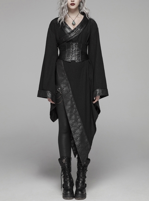 V-Neck Metal Buckle Strap Waist Lace-Up Flare Sleeve  Wave Printing Asymmetric Hem Black Punk Kimono Dress