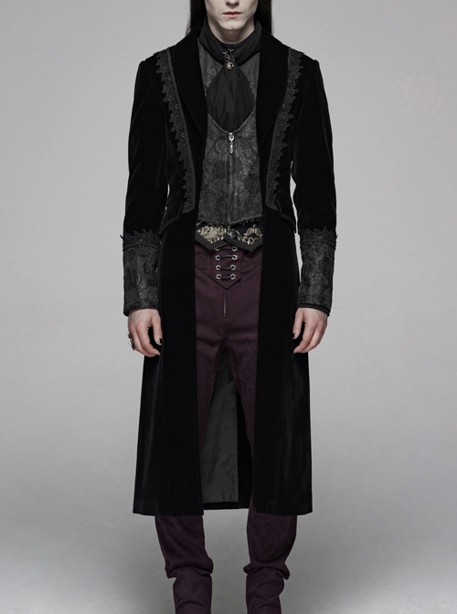 Front Splice Jacquard Metal Zipper Long Sleeve Back Waist Lace-Up Black Gothic Velvet Coat
