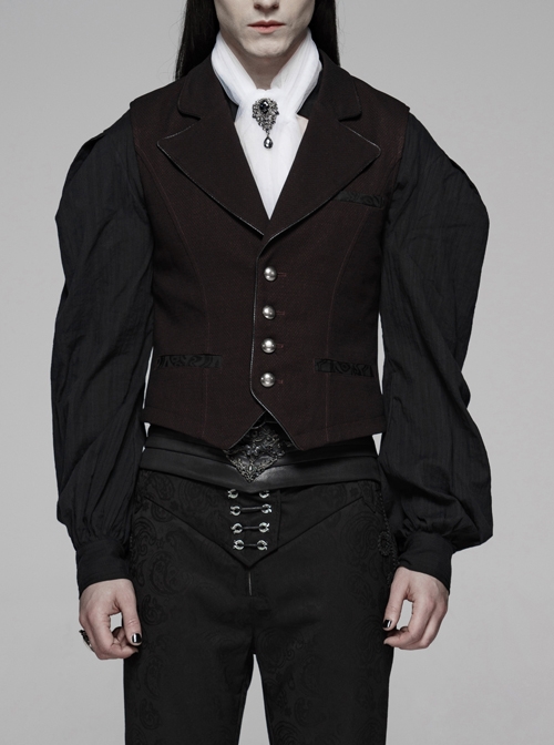 Imitation Leather Edge Collar Front Metal Button Dark Red Gothic Vest