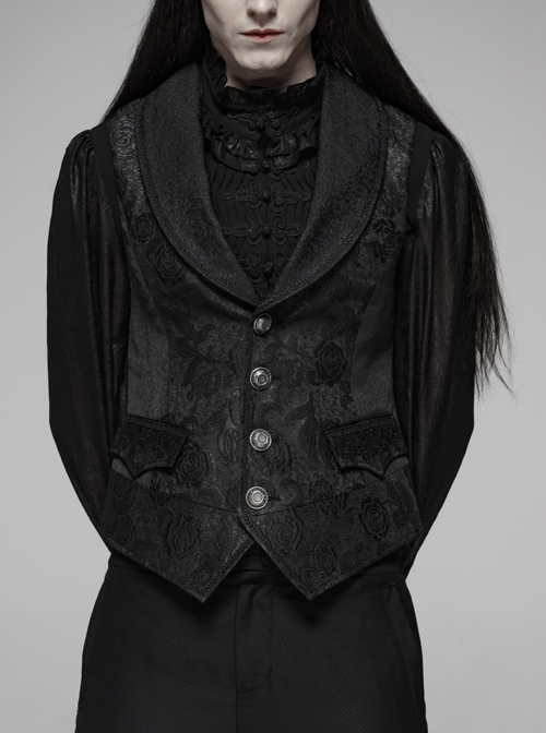 Black Jacquard Front Metal Retro Button Back Waist Metal Hasp Gothic Vest