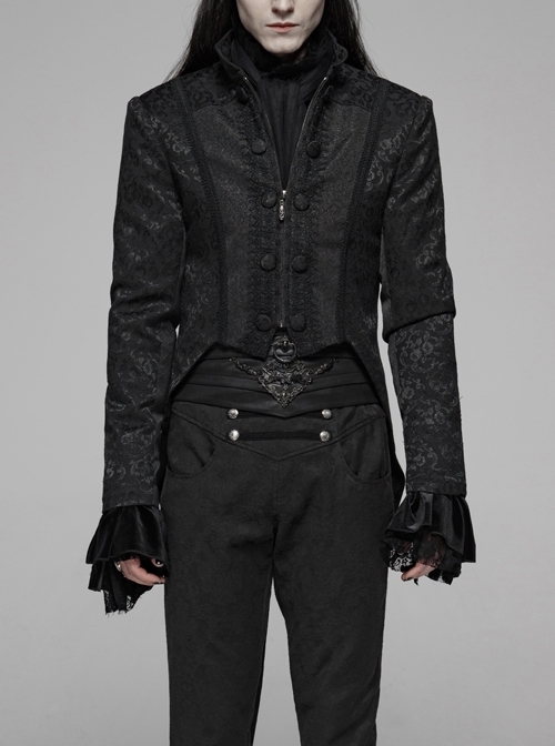 Stand-Up Collar Front Chest Paste Lace Retro Button Back Waist Lace-Up Dovetail Hem Black Gothic Jacquard Coat