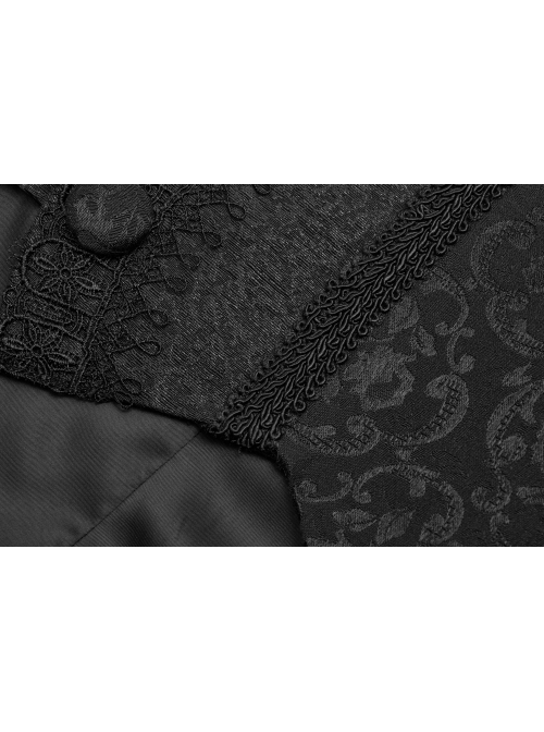 Stand-Up Collar Front Chest Paste Lace Retro Button Back Waist Lace-Up Dovetail Hem Black Gothic Jacquard Coat