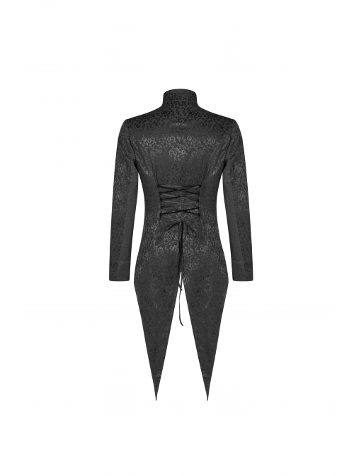 Stand-Up Collar Front Chest Paste Lace Retro Button Back Waist Lace-Up Dovetail Hem Black Gothic Jacquard Coat