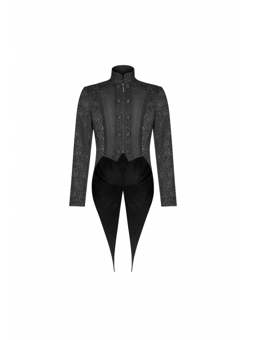 Stand-Up Collar Front Chest Paste Lace Retro Button Back Waist Lace-Up Dovetail Hem Black Gothic Jacquard Coat