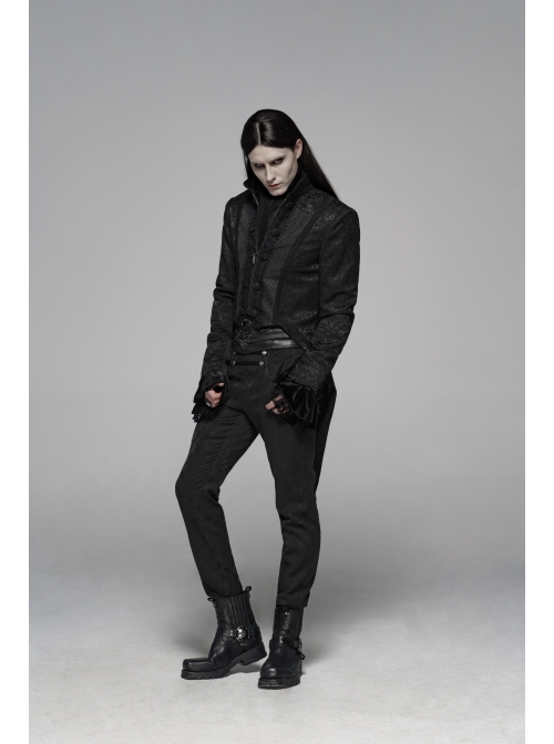 Stand-Up Collar Front Chest Paste Lace Retro Button Back Waist Lace-Up Dovetail Hem Black Gothic Jacquard Coat