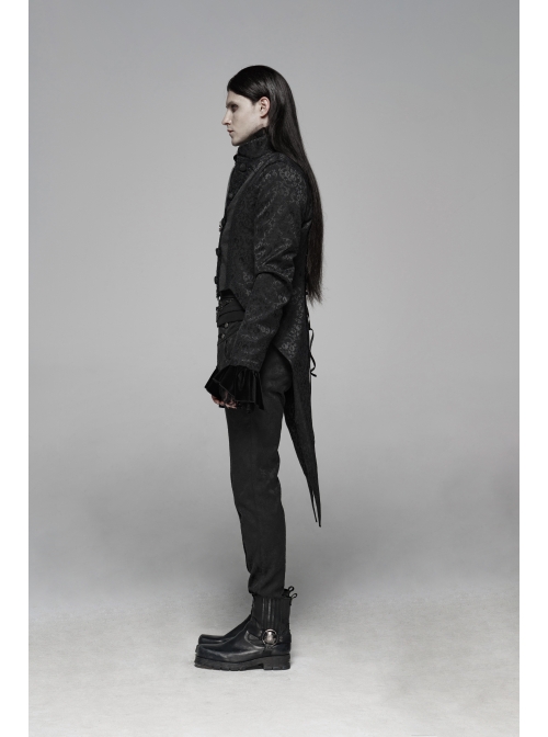 Stand-Up Collar Front Chest Paste Lace Retro Button Back Waist Lace-Up Dovetail Hem Black Gothic Jacquard Coat