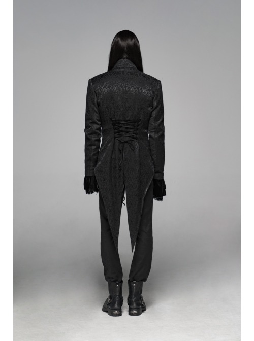 Stand-Up Collar Front Chest Paste Lace Retro Button Back Waist Lace-Up Dovetail Hem Black Gothic Jacquard Coat