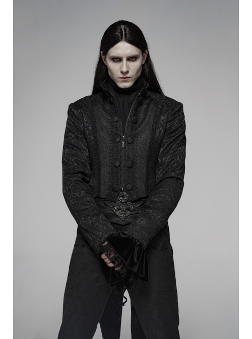 Stand-Up Collar Front Chest Paste Lace Retro Button Back Waist Lace-Up Dovetail Hem Black Gothic Jacquard Coat