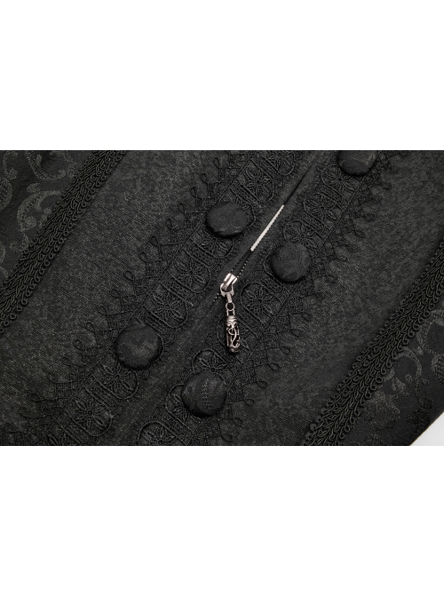 Stand-Up Collar Front Chest Paste Lace Retro Button Back Waist Lace-Up Dovetail Hem Black Gothic Jacquard Coat