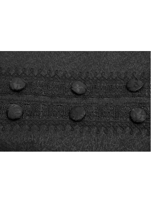 Stand-Up Collar Front Chest Paste Lace Retro Button Back Waist Lace-Up Dovetail Hem Black Gothic Jacquard Coat