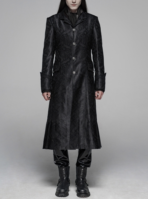 Stand-Up Collar Front Metal Retro Button Lace Cuff Black Gothic Floral Jacquard Long Coat
